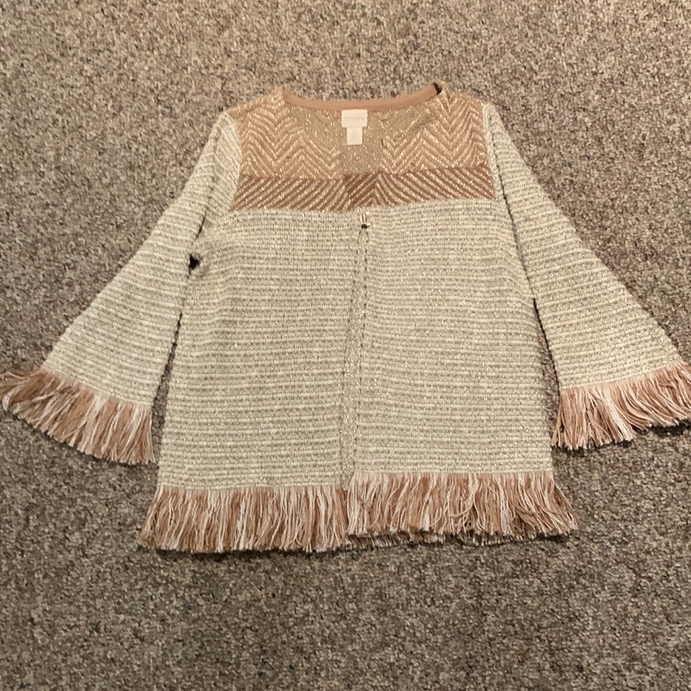 Chico’s Holiday sweater vest, long sleeves. Fringe. White with metallic thread.